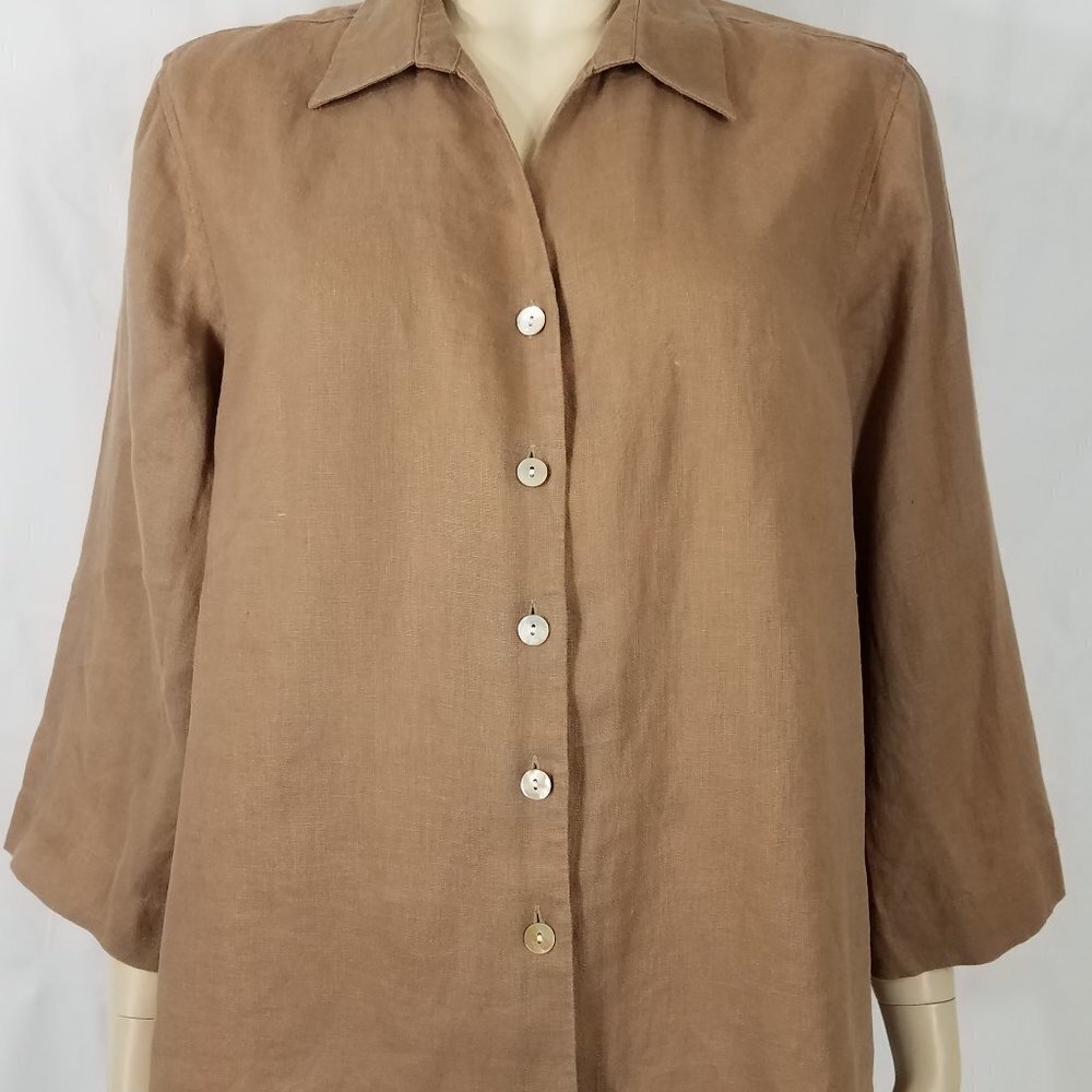 Orvis tan light brown 100% Linen button front shirt blouse ladies Large 14-16
